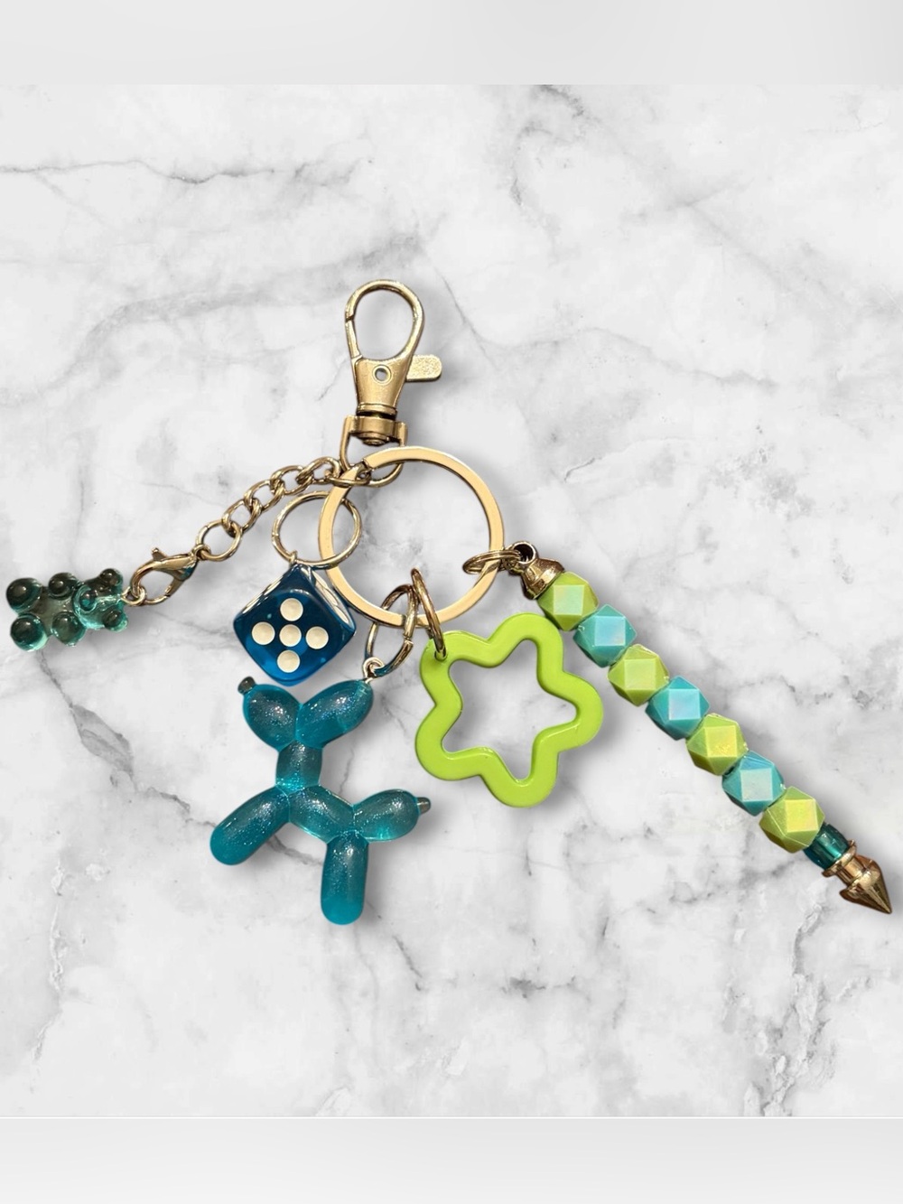 Beaded Balloon Dog Keychain Charm in Teal & Lime